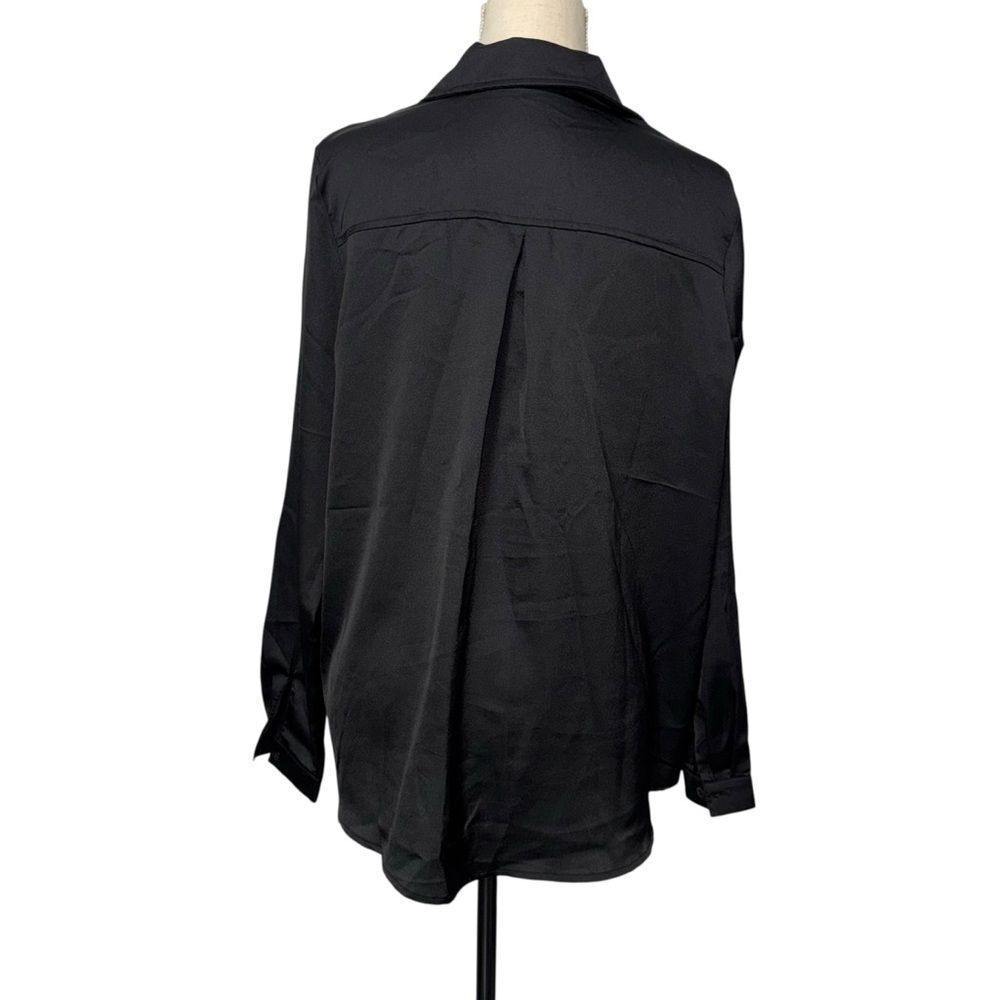 Boohoo Smooth Solid Black Silk Satin Button-Down Shirt Long Sleeve lightweight M - Picture 9 of 13